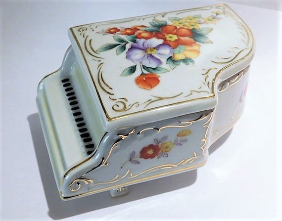 Occupied Japan Porcelain Piano Lidded Lid Box Trinket Jewelry Dish Vanity Gold Trim 1940s Mid Century Vintage Cottage Villa Chic Home Decor