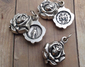 Rose Locket Medal, Our Lady medal, Catholic Pendant. Locket Style Miraculous Medal. Sliding Silver Rose Locket