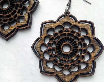 Wood Mandala Earrings - Lightweight Jewelry, Laser Cut Jewelry, Bohemian Earrings, Wood Jewelry, Gifts for Women, Natural Jewelry, Bohemian