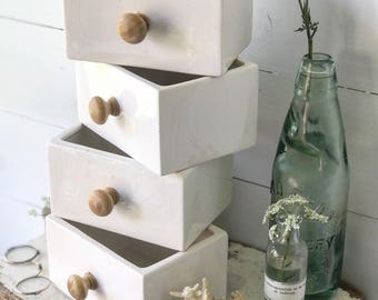 Reserved. Lovely white ceramic apothecar's drawers