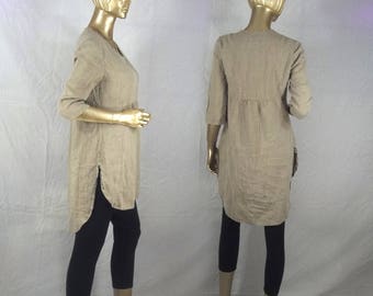 Linen tunic, lagenlook, beige, plus size, shabby chic, hankie hem, layered look, top, dress, XS-3XL. Free shipping in USA.