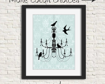Chandelier Wall Decor, Bird Wall Art, Vintage Home Decor, Damask Art Print, Housewarming Gift, Mother's Day Gift, Dining Room Decor, Wedding