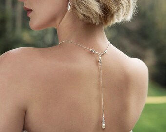 Pearl back drop necklace, bridal necklace pearl, bridal back drop necklace, silver back drop bridal - Annika