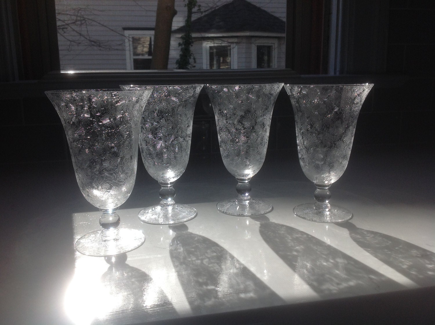Antique Etched Crystal Water Goblets or Iced Tea Glasses set