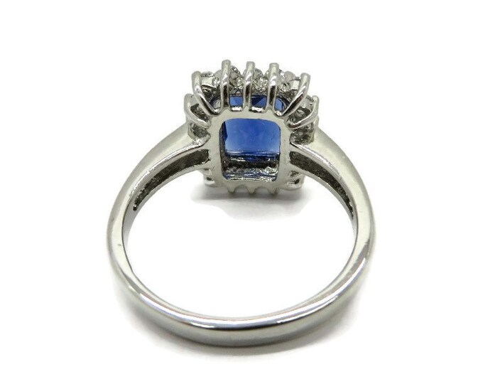Vintage Blue & White CZ Ring, FAS Sterling Silver Cocktail Ring, Birthday Gift, Christmas Gift, Size 8
