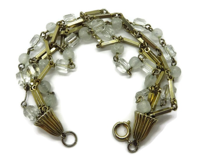 Vintage Beads and Links Bracelet, Clear, Opaque and Goldtone Multistrand Bracelet
