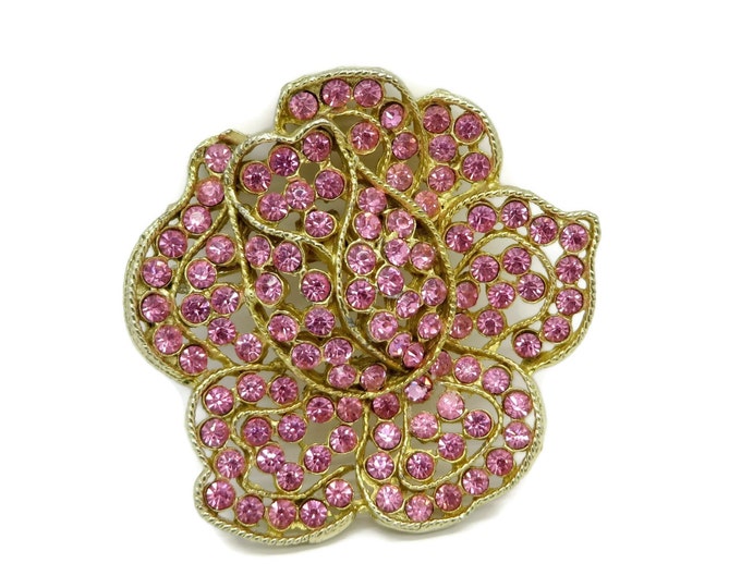 WEISS Pink Rose Rhinestone Gold Tone Flower Brooch, Vintage Pin