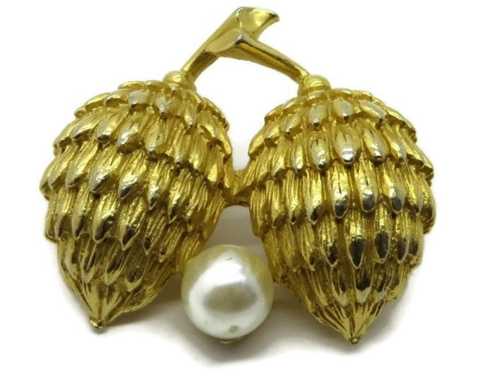 Hattie Carnegie Gold Tone Pine Cone Faux Pearl Brooch