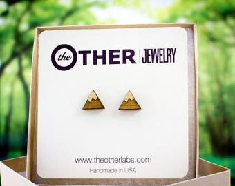 mountain earrings stud bamboo wood | hiking earrings, rock climbing, outdoor earrings, outdoor lover, unisex earrings, rock climbing