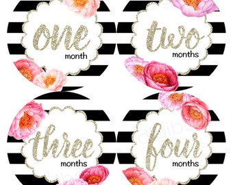 Floral Baby Month Stickers, Milestone Stickers, Baby Shower Gift, Black and White Flowers, baby girls sticker - Instant Download
