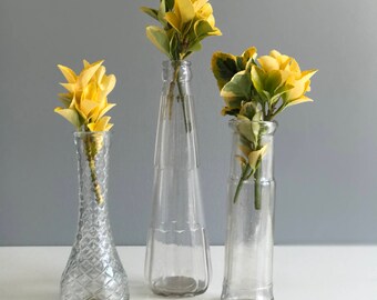 Set of three Antique Glass Bottle Bud Vases / Trio of Bud Vases / Vintage Bottles