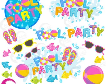 Pool Party Clipart, Titles and Embellishments, Pool Party Invitations, Birthday Party Clipart, Commercial Use, AMB-902