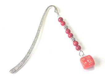 Red Beads and Red Lego Charm Shepherds Hook Metal Bookmark, Bright Silver, Silver Beaded Bookmark, Ornate Bookmark, Book Lovers