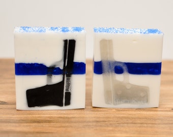 Thin Blue Line Police Officer Gun Pistol Soap- Police Soap- Police Gift- Officer Gift- Blue Soap- Handgun Soap- Black Silver Gun Soap- Cop