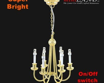 Colonial Brass chandelier 6 arms LED LAMP Dollhouse miniature light with battery and on/off switch 1:12 scale