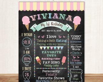 Ice Cream First Birthday Chalkboard Sign Milestone Poster Ice cream Party Girls Milestones Poster CBD0017