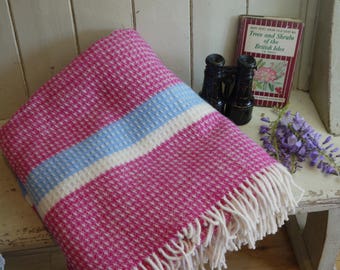 Vintage Wool Picnic Blanket - Throw -Pink & Blue