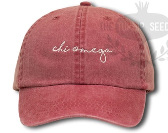 Chi Omega Handwriting Script Sorority Baseball Cap - Custom Color Hat and Embroidery