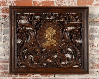 19th century Rococo highly carved wood wall panel w/figural heads