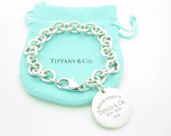 Please Return To Tiffany & Co. Sterling Silver Round Tag Bracelet 7 3/4" with Pouch
