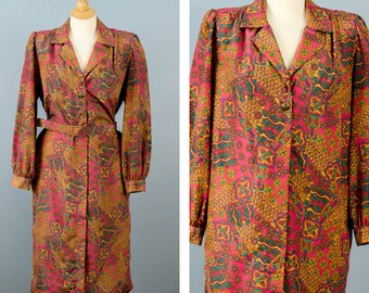 Vintage Long Shirt Dress, Belted Dress, Paisley Print Dress with Cuffs, Don Elliot Sport Dress, 70s Shirt Dress, Collared Dress, Size 10
