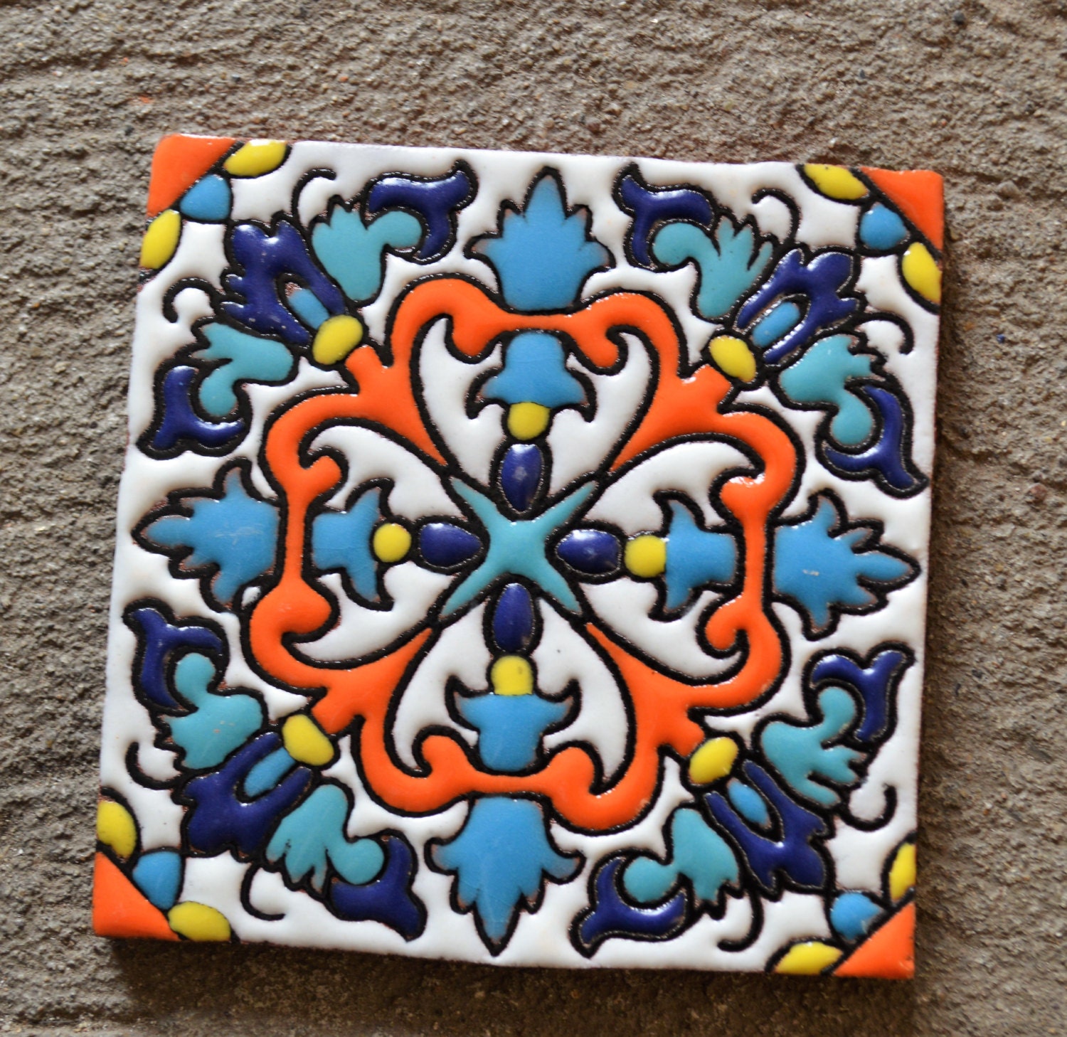 6 Mexican Talavera Tiles handmade Hand painted 4 X