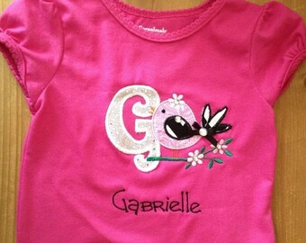 Pink, Black, and Silver Little Bird Initial Shirt or Baby Bodysuit