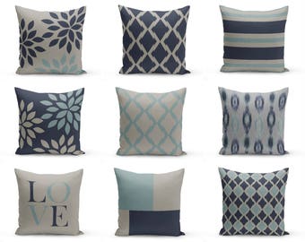 Throw Pillow Covers, Navy Blue Grey , 16" Cushion Covers, Accent Pillow Covers, Home Decor, Choose patterns for front and back!!!
