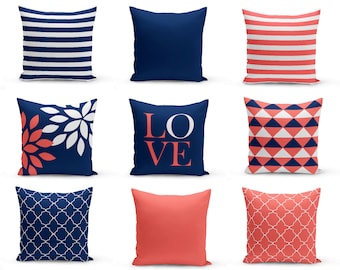 Throw Pillow Covers, Navy Coral Pillows, Cushion Covers, Home Decor, Mix and Match, Love, Floral, Solid, Navy Coral White, Geometric