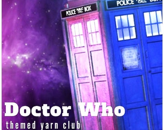 DOCTOR WHO GIFTBOX - Themed yarn club box, custom dyed yarn gift box, following a Doctor Who theme with handmade extras.