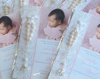 Lace Baptism Favor Cards with angel rosaries