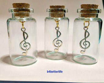 Lot of 3pcs Gold Color Musical Note Metal Charm In A Mini Glass Bottle With Cork. #CIB121xx.