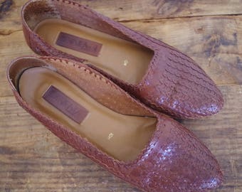Vintage Woven Leather Flats, Brown Leather Vintage Loafers, Braided Leather, Made in Brazil, Size 10