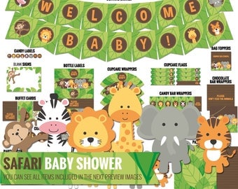 Safari Baby Shower Decorations Package - Printable Jungle Theme Baby Shower Decor - Cute Funny Gender Neutral Shower - Digital Download