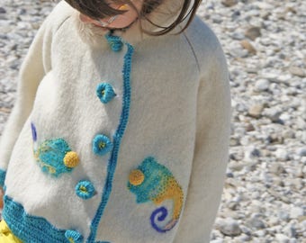 Ivory wool felted chameleon coat jacket girls wool jacket felt spring coat wool felted coat felt clothing animal clothing designed