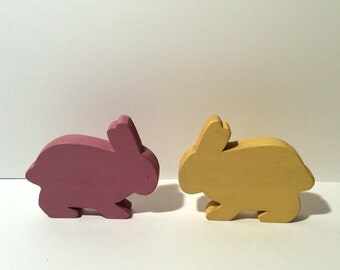 Vintage 1980s Set of 2 Folk Art Handmade Wooden Easter Bunny Decorations