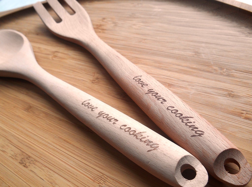 Engraved Large wooden spoon and fork set cooking by