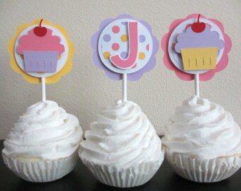 Cupcake Birthday Party Shower Cupcake Toppers Set of 12 Sweet Treats Shop Pink Yellow Purple Lilac Lavender