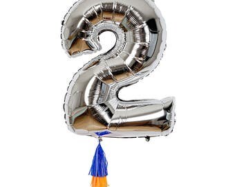 Fancy number balloon 2, Silver foil jumbo 40 inch birthday balloon, Meri Meri giant number 2 balloon with tissue tassels, Two year old