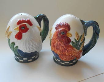 Two Handsome Roosters Hand Painted Ceramic Chicken Salt and Pepper Dept. 56 Large Shakers With Handles