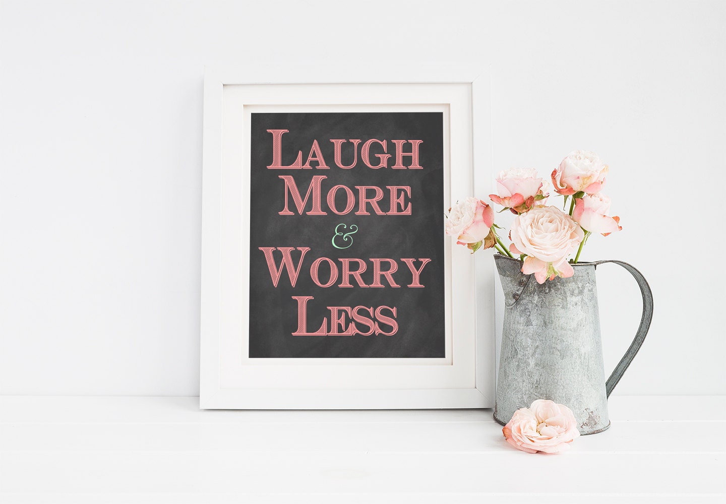 Laugh More Worry Less Inspirational Quote Printable 8x10 Wall