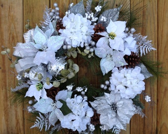 Christmas wreath, winter wreath, winter wedding wreath, large wreath, white and silver wreath, sparkly