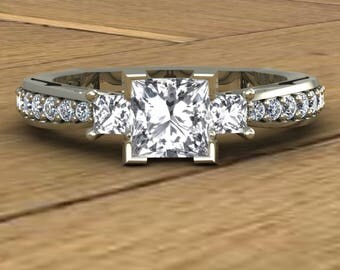 White Sapphire Engagement Ring - Princess - Three Stone - Diamond Shank - Solitaire - 14k White Gold - An Original Design by Charles Babb
