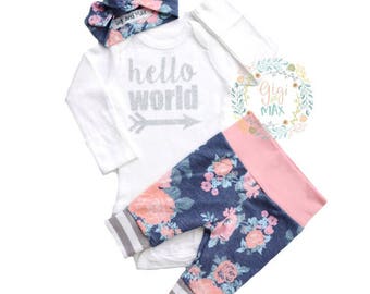 Newborn Baby girl coming home outfit, Floral and Pink theme hello world baby girl shower gift coming home from the hospital outfit baby new