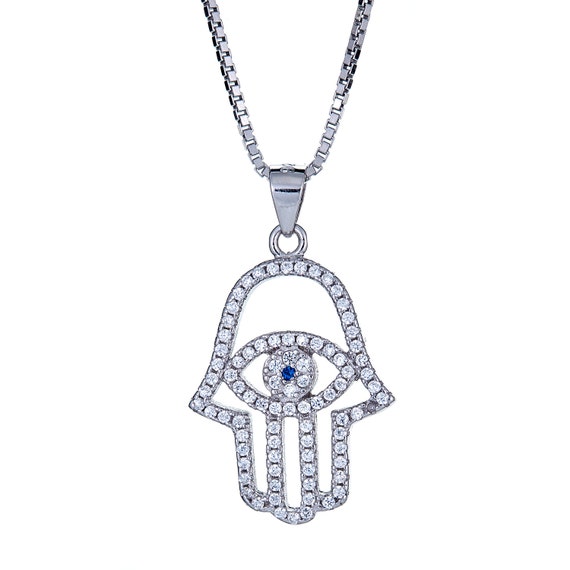 925 Sterling Silver Hamsa Hand and Blue Evil Eye with Chain
