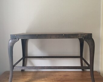 Vintage industrial cast iron and oak table with cabriole legs