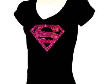 Women's T-shirts rhinestones Iron on SUPER GIRL HOTPINK Bling, Small to 3XL