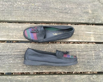 Shoes - Size 7 Black Leather Flats Loafers Mocassins Patchwork Tassels Pillows Womens