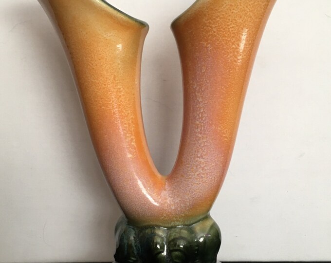 Storewide 25% Off SALE Antique Double Stem Mottled Orange Hull Pottery USA Designer Vase Featuring Green Glaze Base & Original Makers Mark