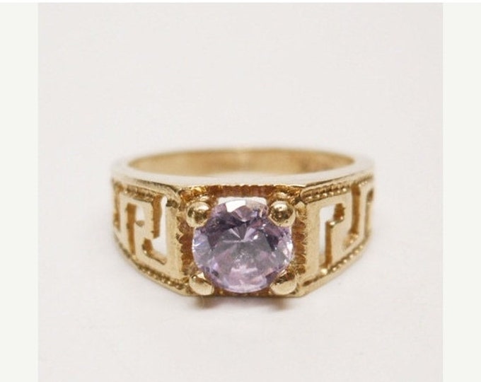 Storewide 25% Off SALE Vintage Open Textured Designer 10K Gold Baby Birth Ring Featuring Prong Set Light Pinkish Purple Solitare Stone